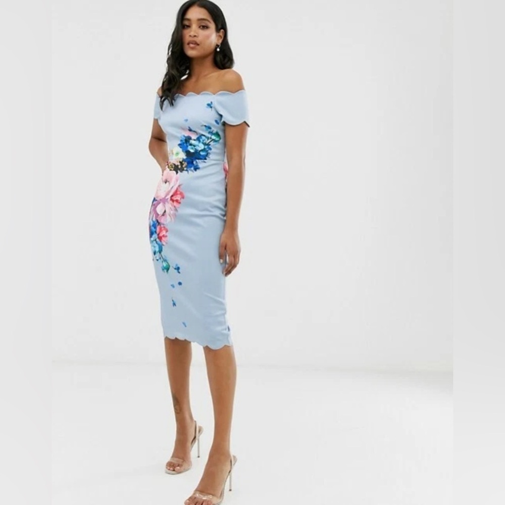 Ted Baker London Powder Blue Floral Off-Shoulder Midi Dress - Picture 2 of 15